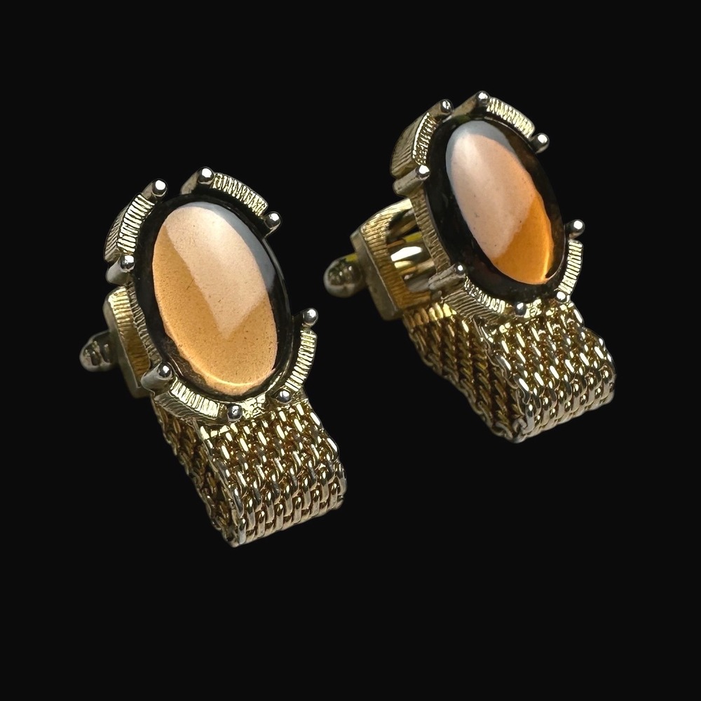 Swank Vintage Gold Tone Mesh‎ Wrap Cufflinks Brown Tiger Eye Glass Cabochon